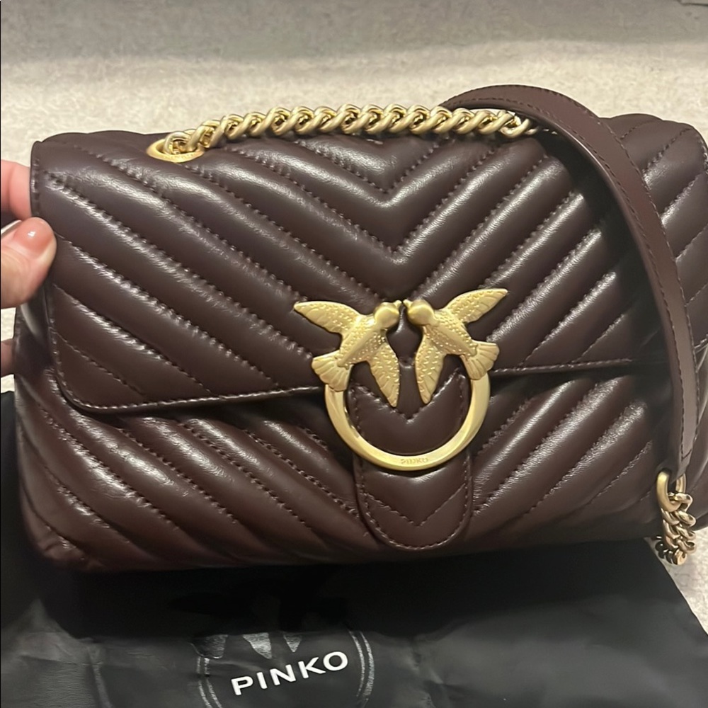 Pinko Quilted Chevron Brown and Gold Shoulder Bag